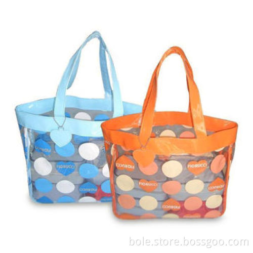 Clear Vinyl Beach Bags with Full Big Dot Prints, Colored Vinyl Piping and Handle
